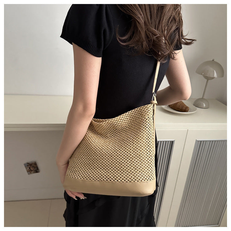 Large Woven Straw Beach Bag – Summer Vacation Tote, White, Black, Khaki, Brown