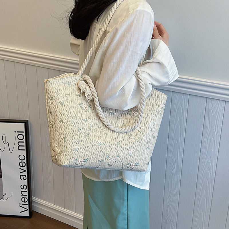 Lace Straw Shoulder Bag – Large Capacity Flap Handbag, White & Khaki, Floral Street Style