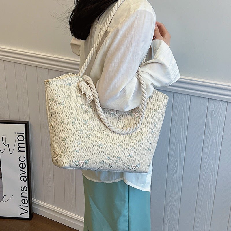 LunWeave Lace Straw Shoulder Bag – Romantic Large Flap Handbag in White & Khaki - Lunweave