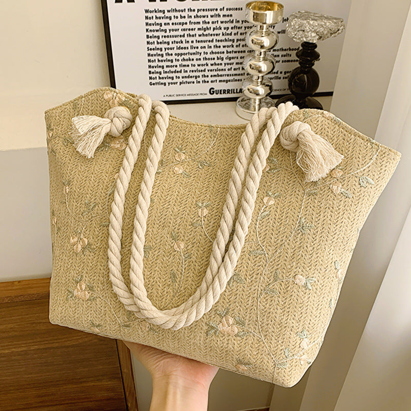 Lace Straw Shoulder Bag – Large Capacity Flap Handbag, White & Khaki, Floral Street Style