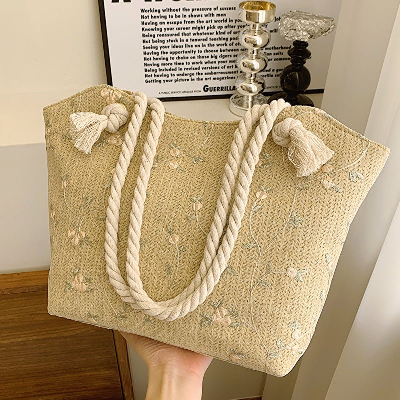 LunWeave Lace Straw Shoulder Bag – Romantic Large Flap Handbag in White & Khaki - Lunweave