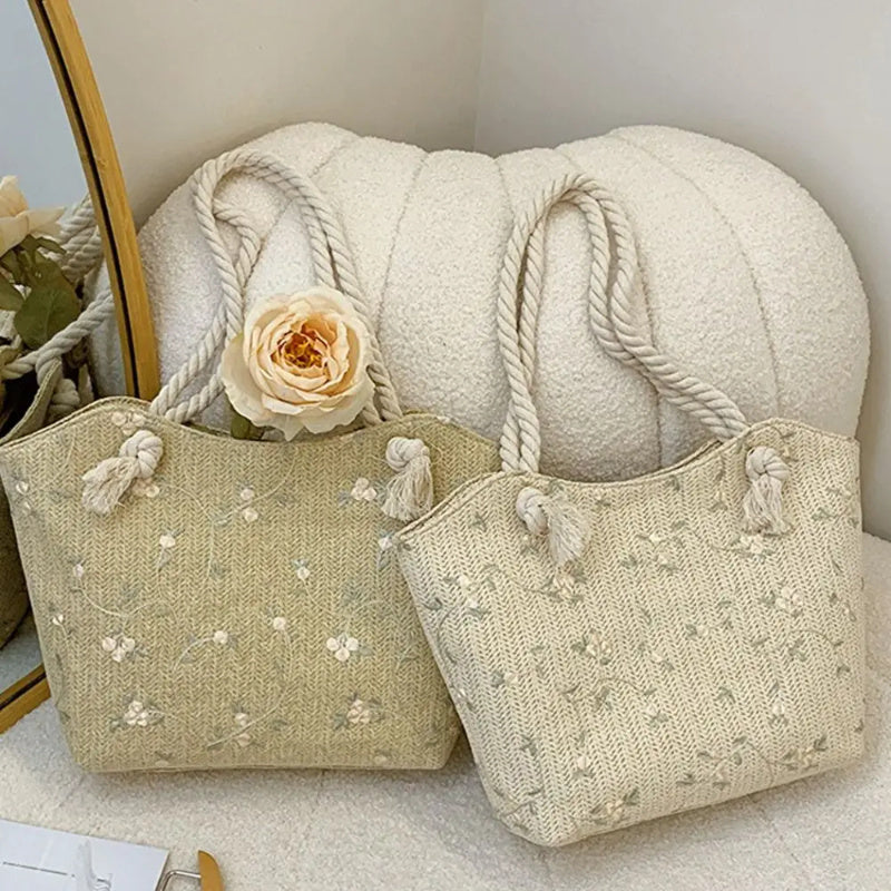 Lace Straw Shoulder Bag – Large Capacity Flap Handbag, White & Khaki, Floral Street Style