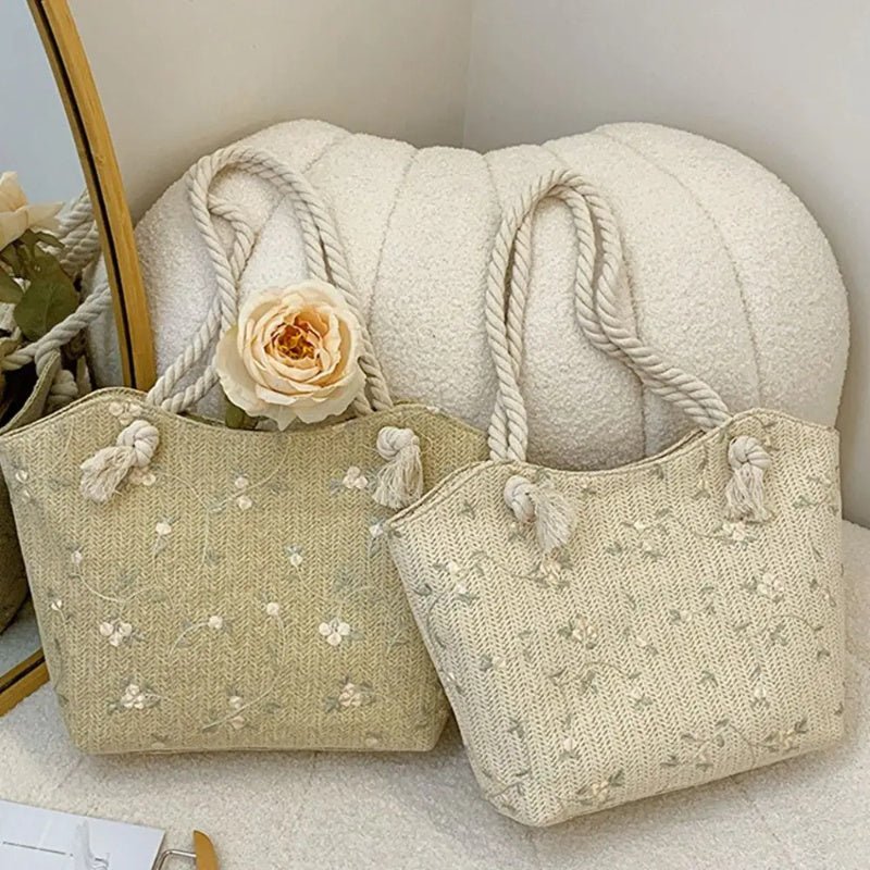LunWeave Lace Straw Shoulder Bag – Romantic Large Flap Handbag in White & Khaki - Lunweave