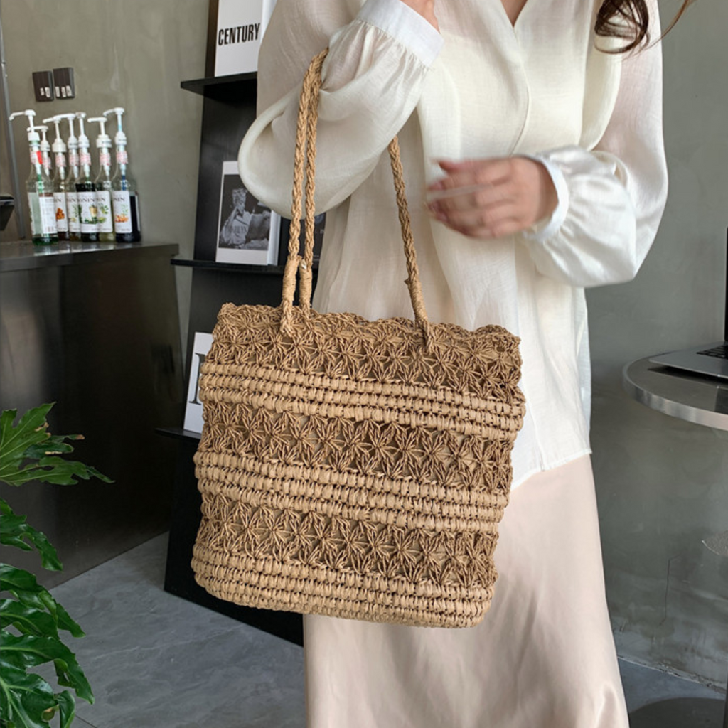 French Vintage Hollow Woven Shoulder Bag – Boho Paper Tote, White & Khaki, Summer Purse