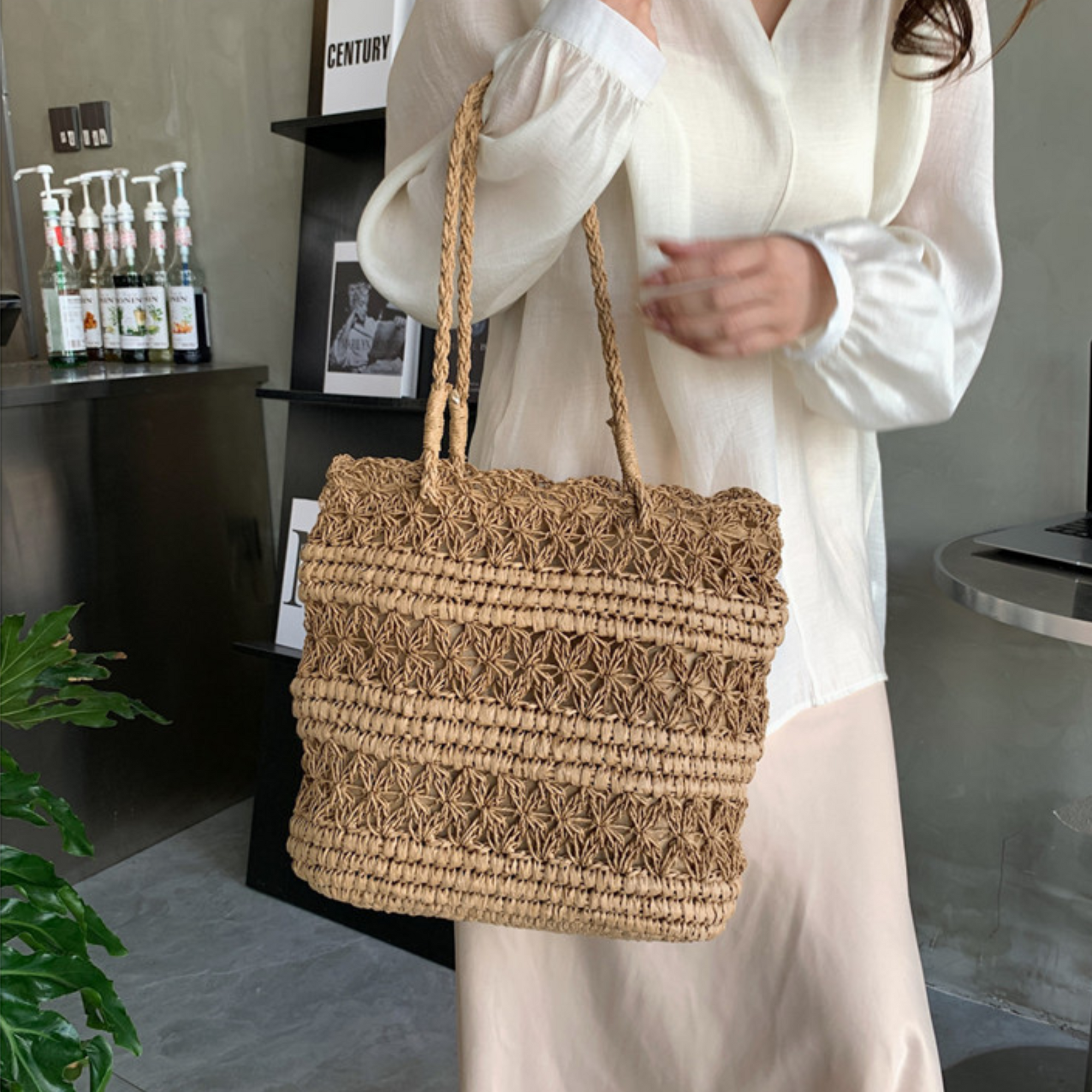 French Vintage Hollow Woven Shoulder Bag – Boho Paper Tote, White & Khaki, Summer Purse