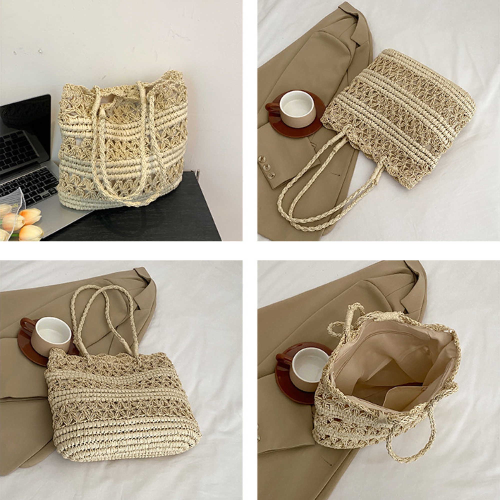French Vintage Hollow Woven Shoulder Bag – Boho Paper Tote, White & Khaki, Summer Purse