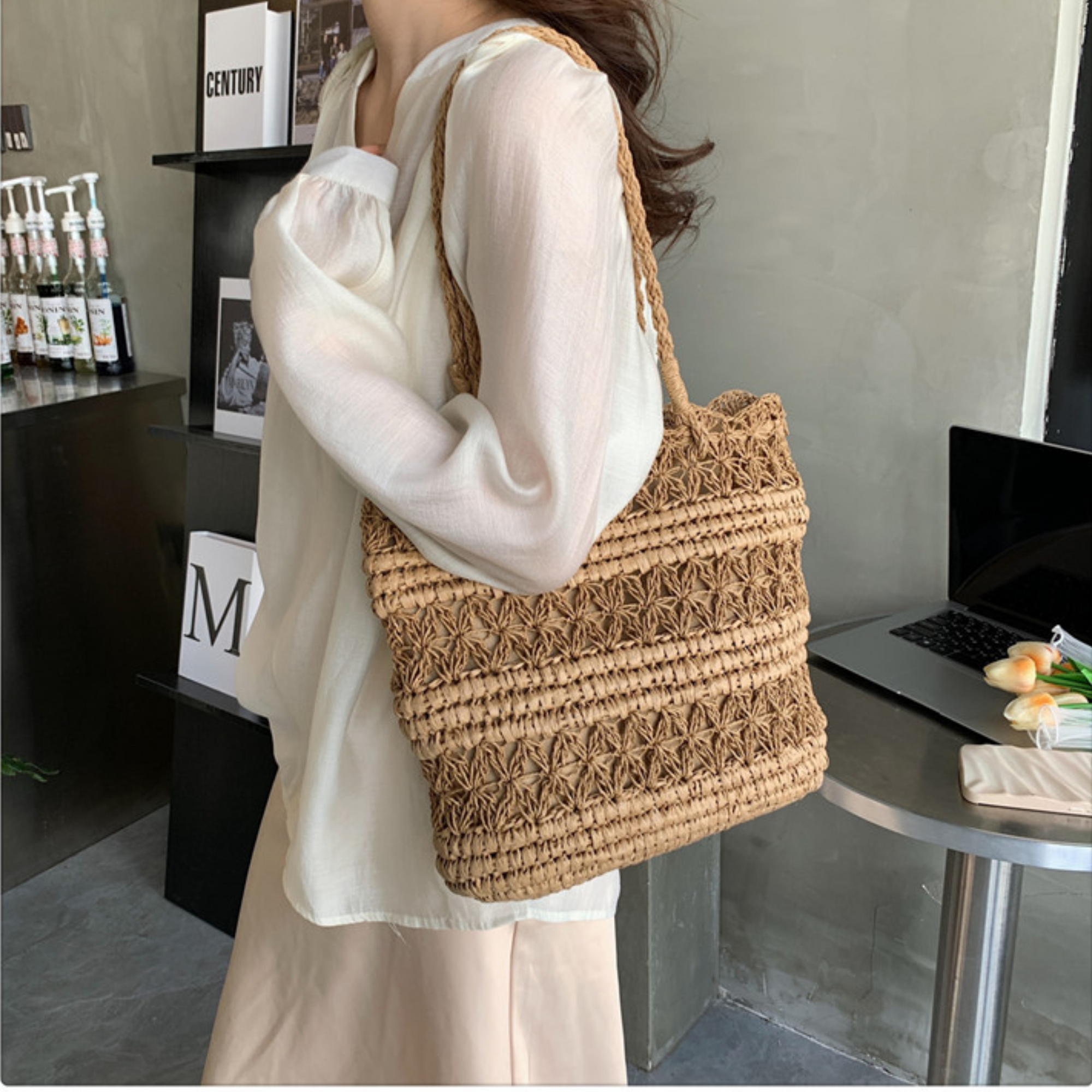 French Vintage Hollow Woven Shoulder Bag – Boho Paper Tote, White & Khaki, Summer Purse