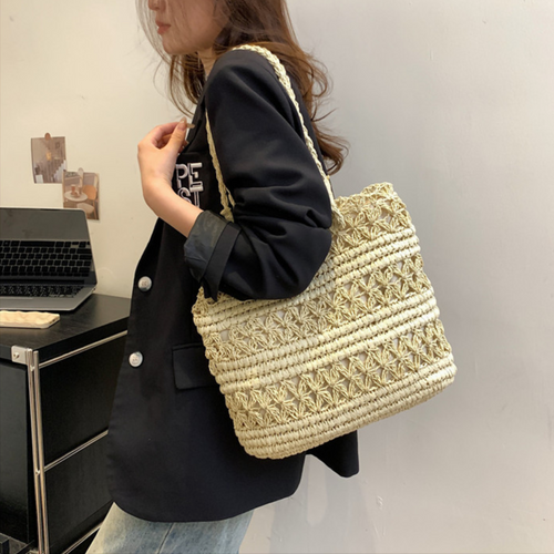 French Vintage Hollow Woven Shoulder Bag – Boho Paper Tote, White & Khaki, Summer Purse