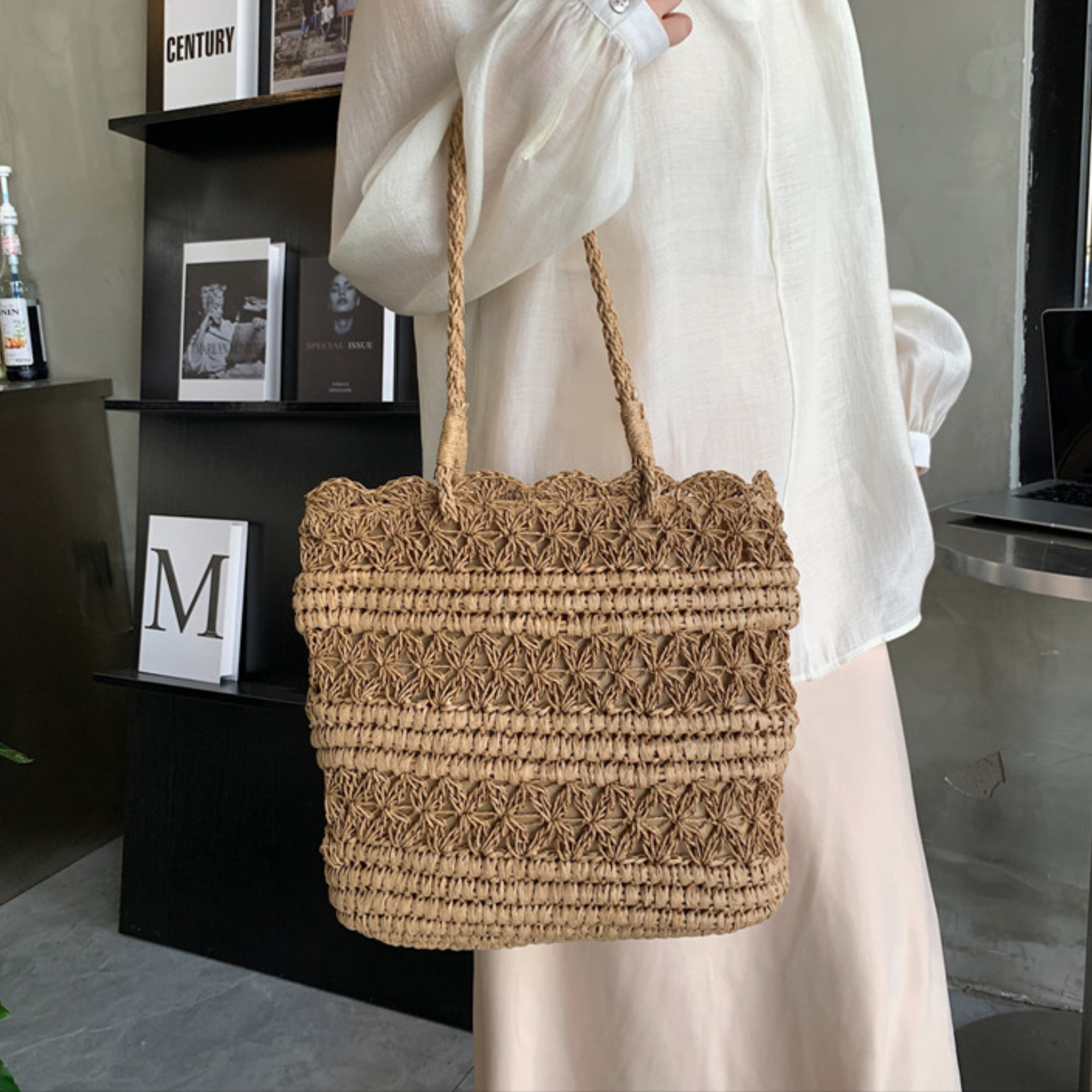 French Vintage Hollow Woven Shoulder Bag – Boho Paper Tote, White & Khaki, Summer Purse