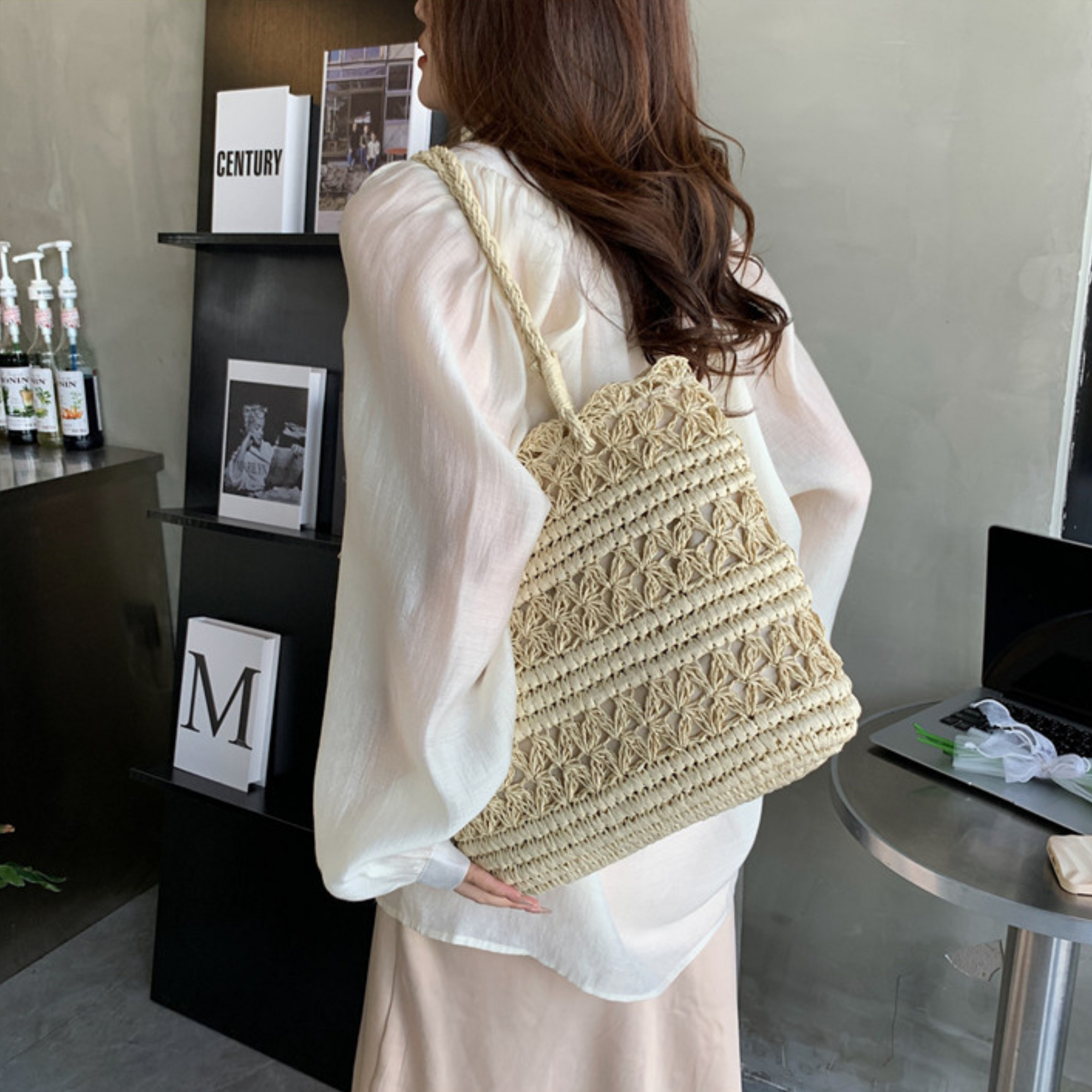 French Vintage Hollow Woven Shoulder Bag – Boho Paper Tote, White & Khaki, Summer Purse