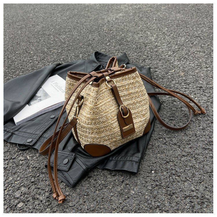 LunWeave Korean - Inspired Straw Bucket Bag – Woven Crossbody with Pull - Belt, Everyday Minimalist Style - Lunweave