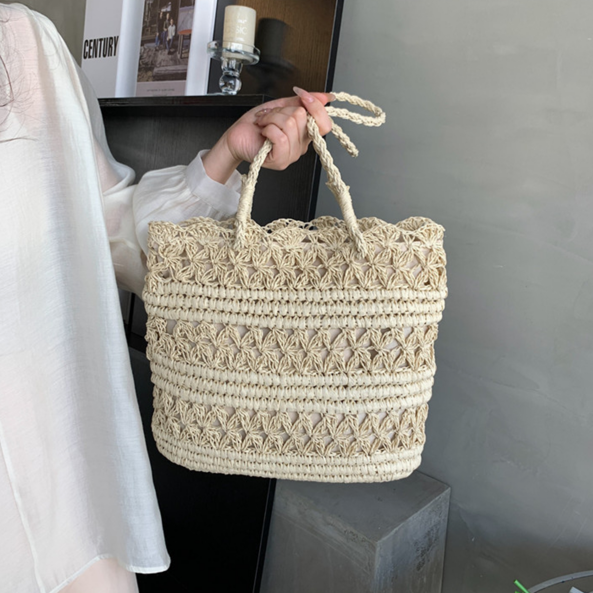 French Vintage Hollow Woven Shoulder Bag – Boho Paper Tote, White & Khaki, Summer Purse