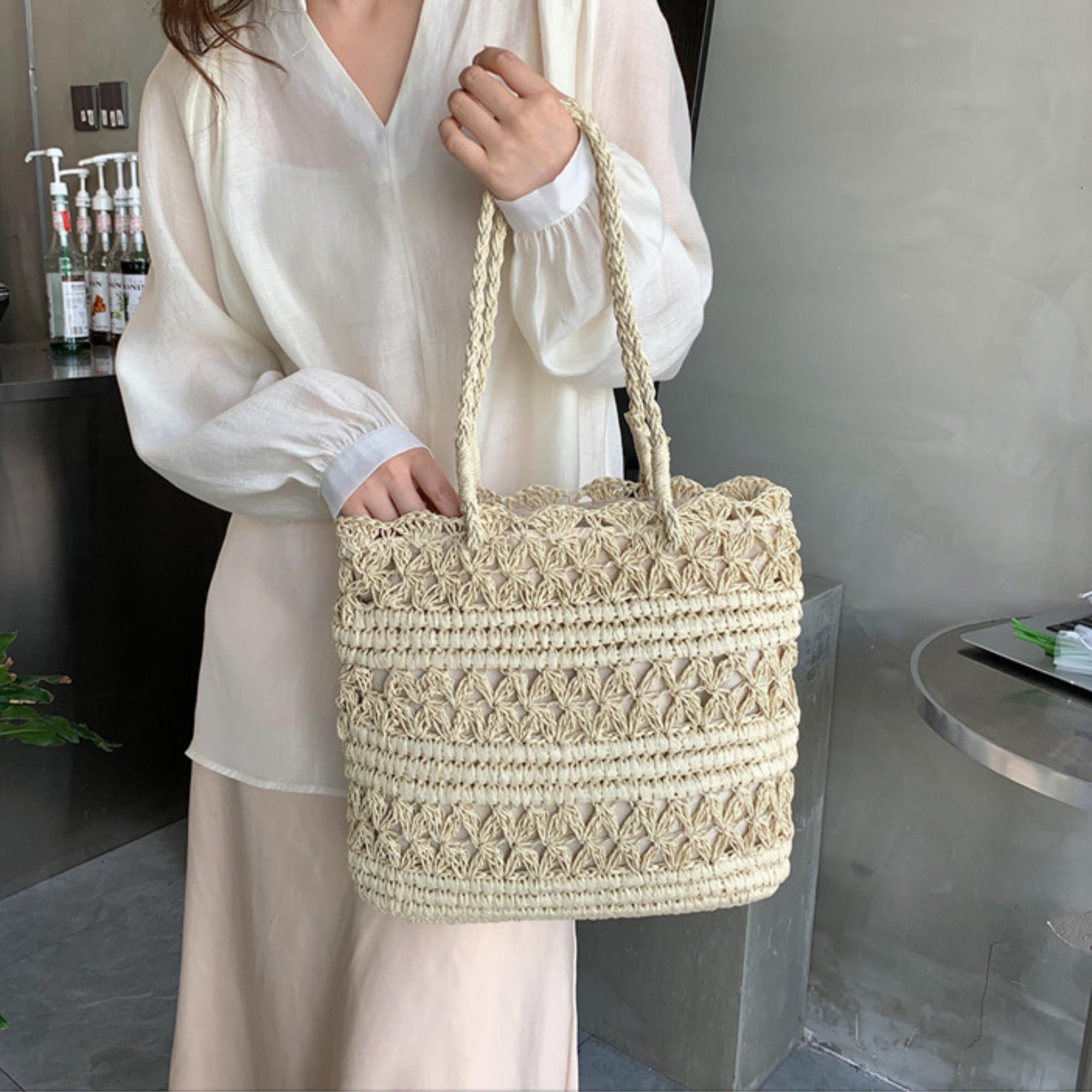 French Vintage Hollow Woven Shoulder Bag – Boho Paper Tote, White & Khaki, Summer Purse