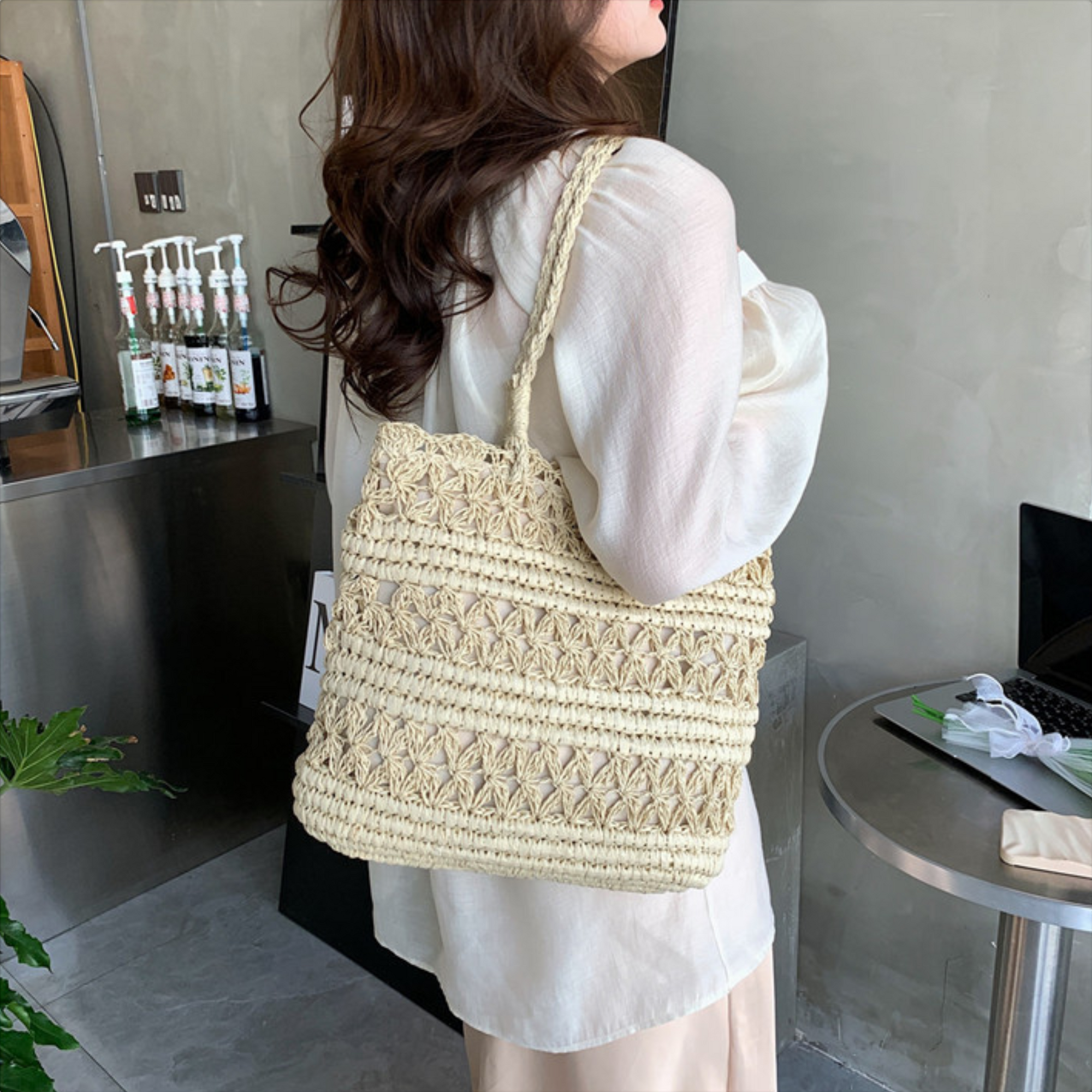 French Vintage Hollow Woven Shoulder Bag – Boho Paper Tote, White & Khaki, Summer Purse