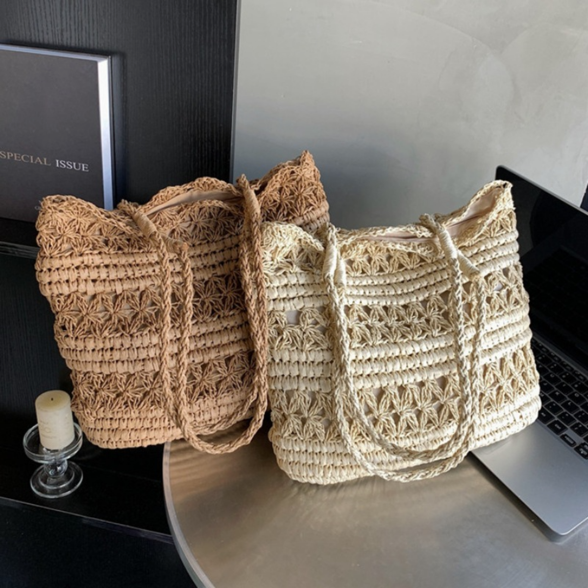 French Vintage Hollow Woven Shoulder Bag – Boho Paper Tote, White & Khaki, Summer Purse