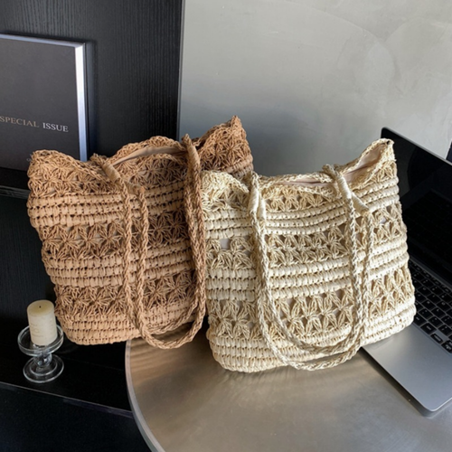 French Vintage Hollow Woven Shoulder Bag – Boho Paper Tote, White & Khaki, Summer Purse
