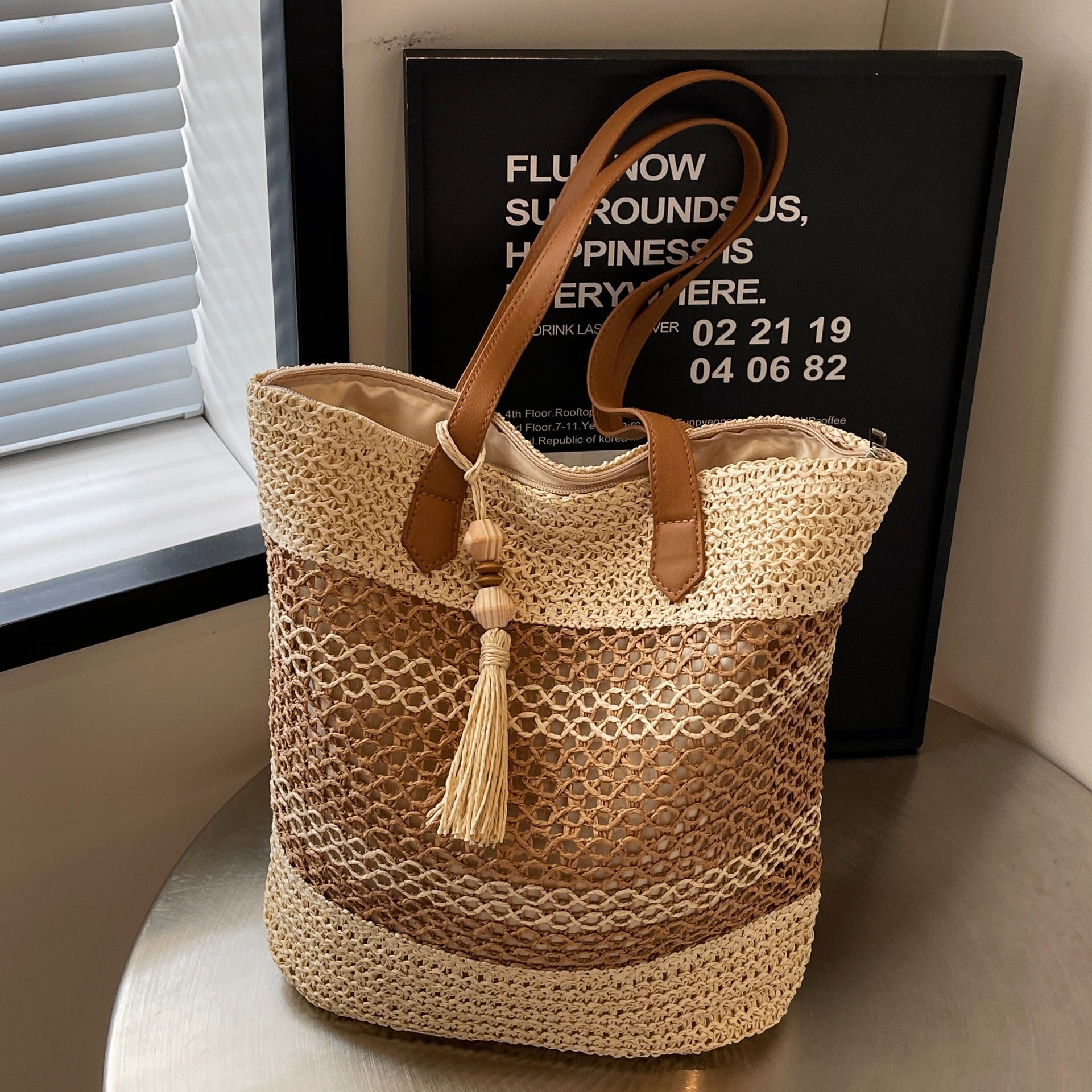 Striped Summer Straw Beach Bag – Large Capacity Tote with Tassel, Brown & Milky White