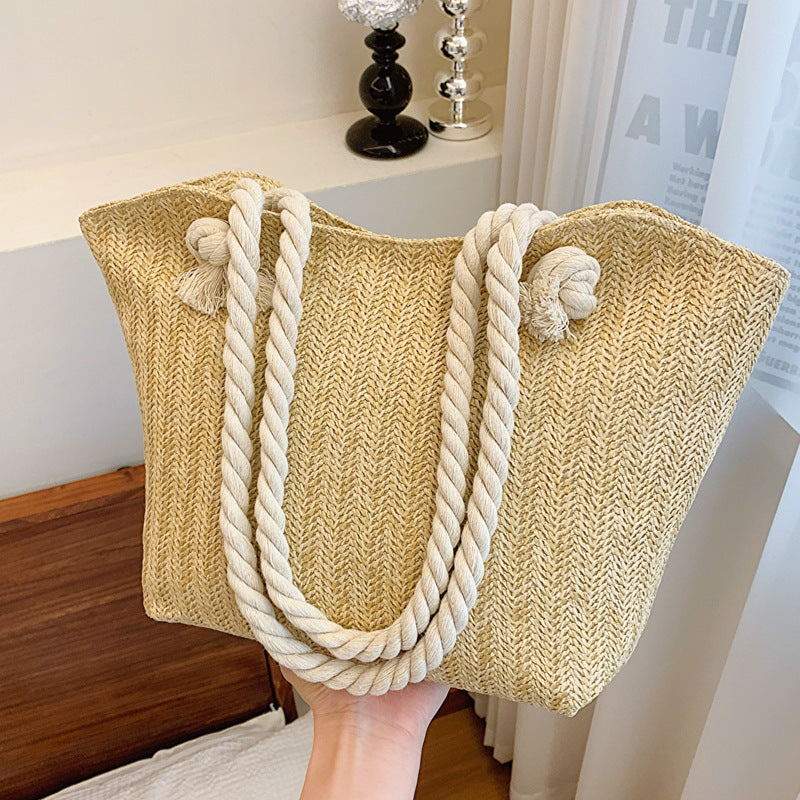 Women’s Straw Shoulder Handbag – Large Capacity Clamshell Tote, White & Khaki, Street Style