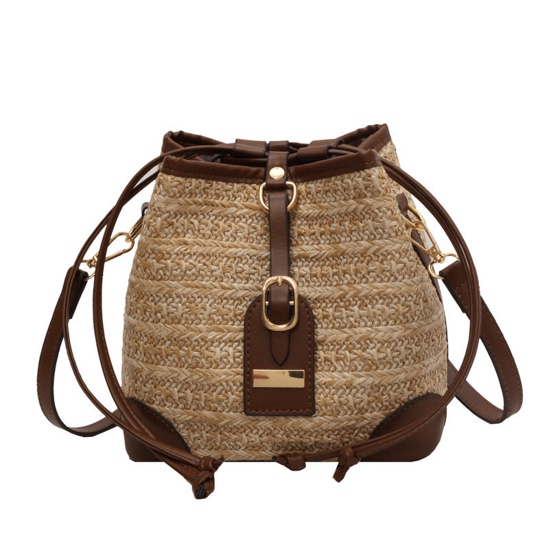 Korean Summer Straw Bucket Bag – Woven Crossbody with Pull-Belt, Milky White & Khaki