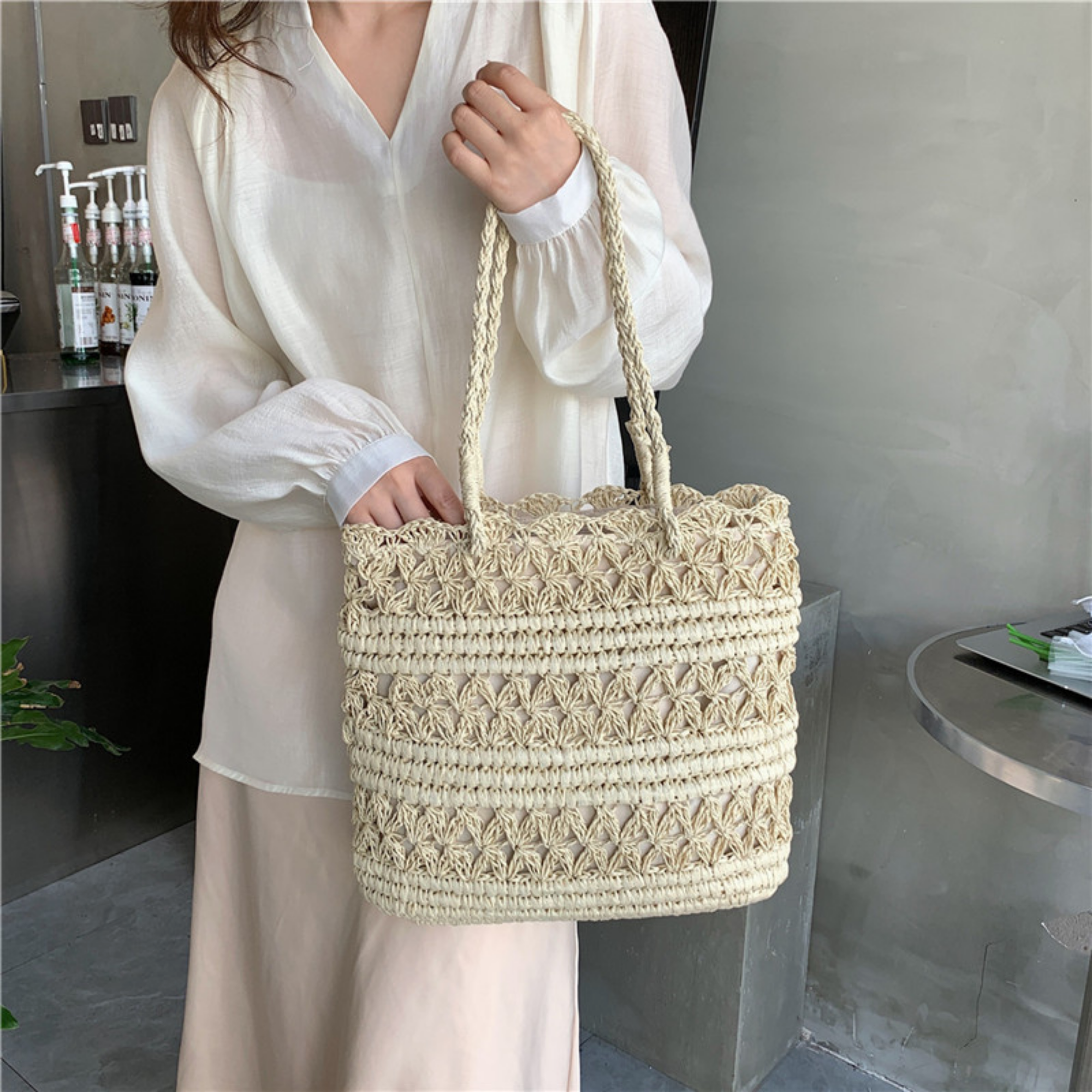 French Vintage Hollow Woven Shoulder Bag – Boho Paper Tote, White & Khaki, Summer Purse