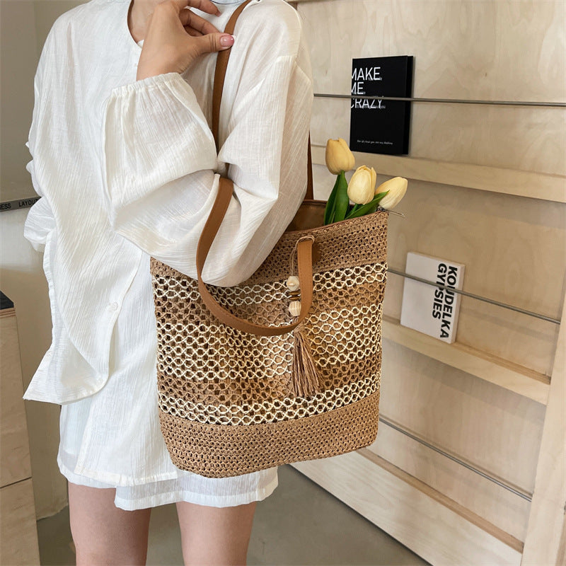 Striped Summer Straw Beach Bag – Large Capacity Tote with Tassel, Brown & Milky White