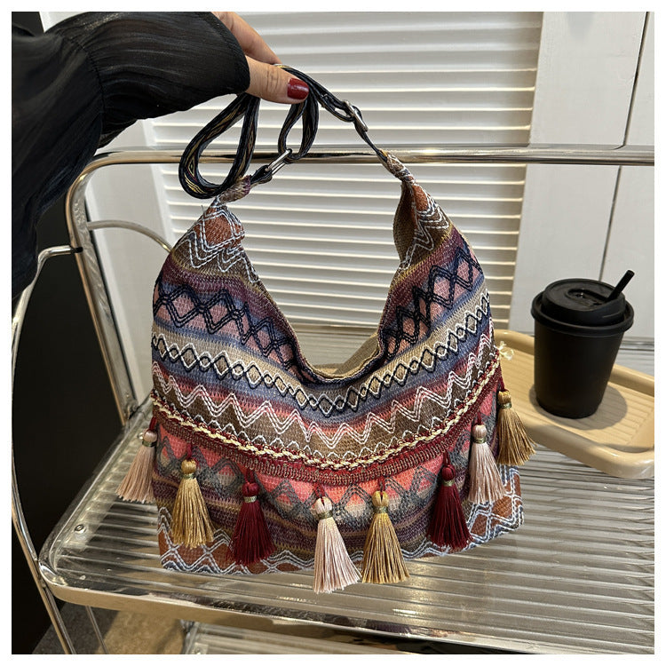 LunWeave Retro Ethnic Shoulder Tote – Colorful Boho Crossbody Bag, Red / Blue / Orange