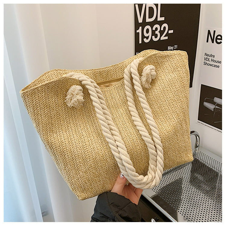 Women’s Straw Shoulder Handbag – Large Capacity Clamshell Tote, White & Khaki, Street Style