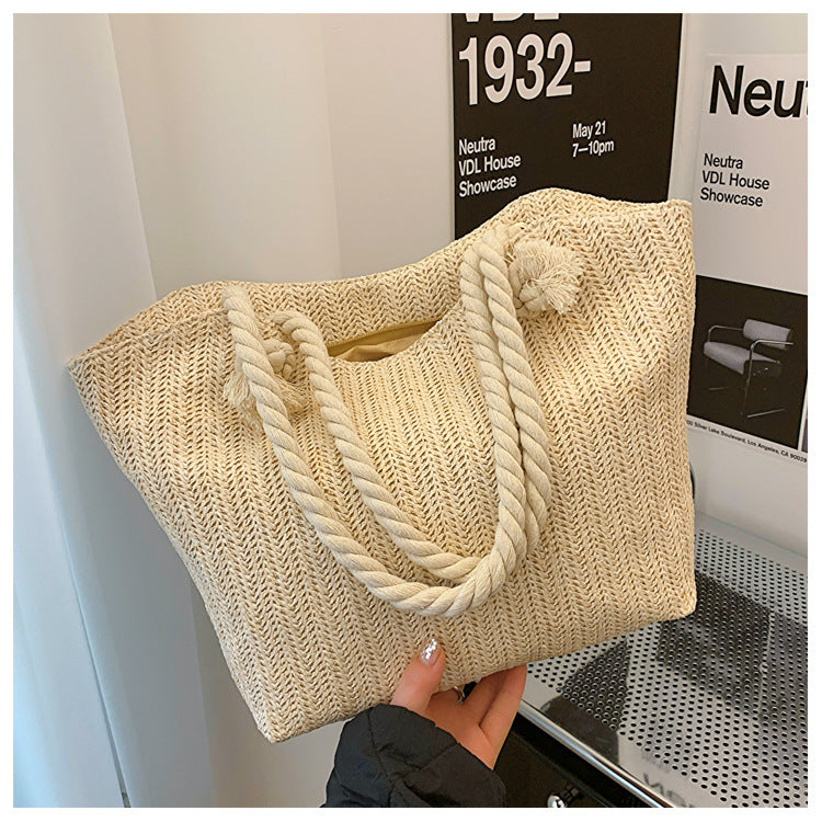 Women’s Straw Shoulder Handbag – Large Capacity Clamshell Tote, White & Khaki, Street Style