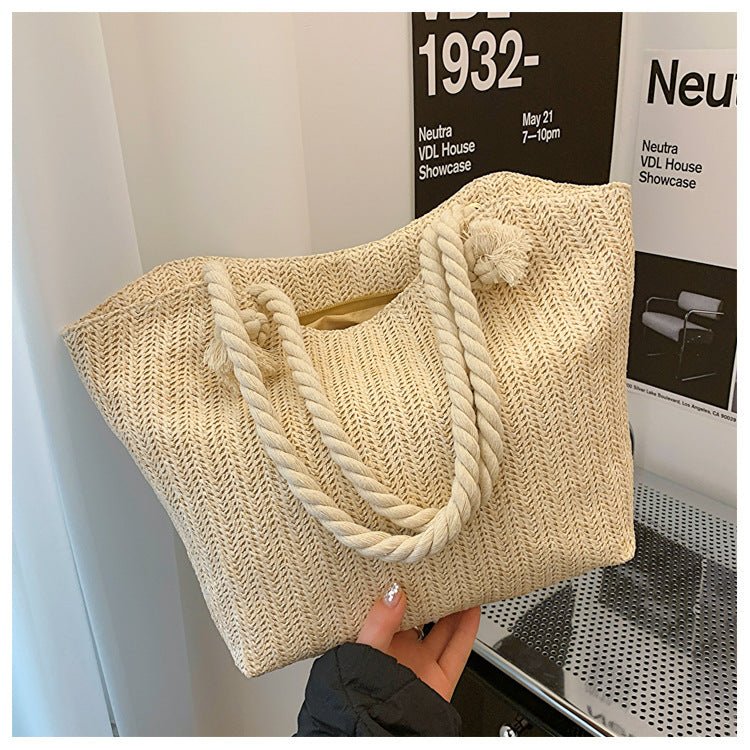 LunWeave Women’s Straw Shoulder Handbag – Large Capacity Clamshell Tote in White & Khaki, Everyday Street Style - Lunweave