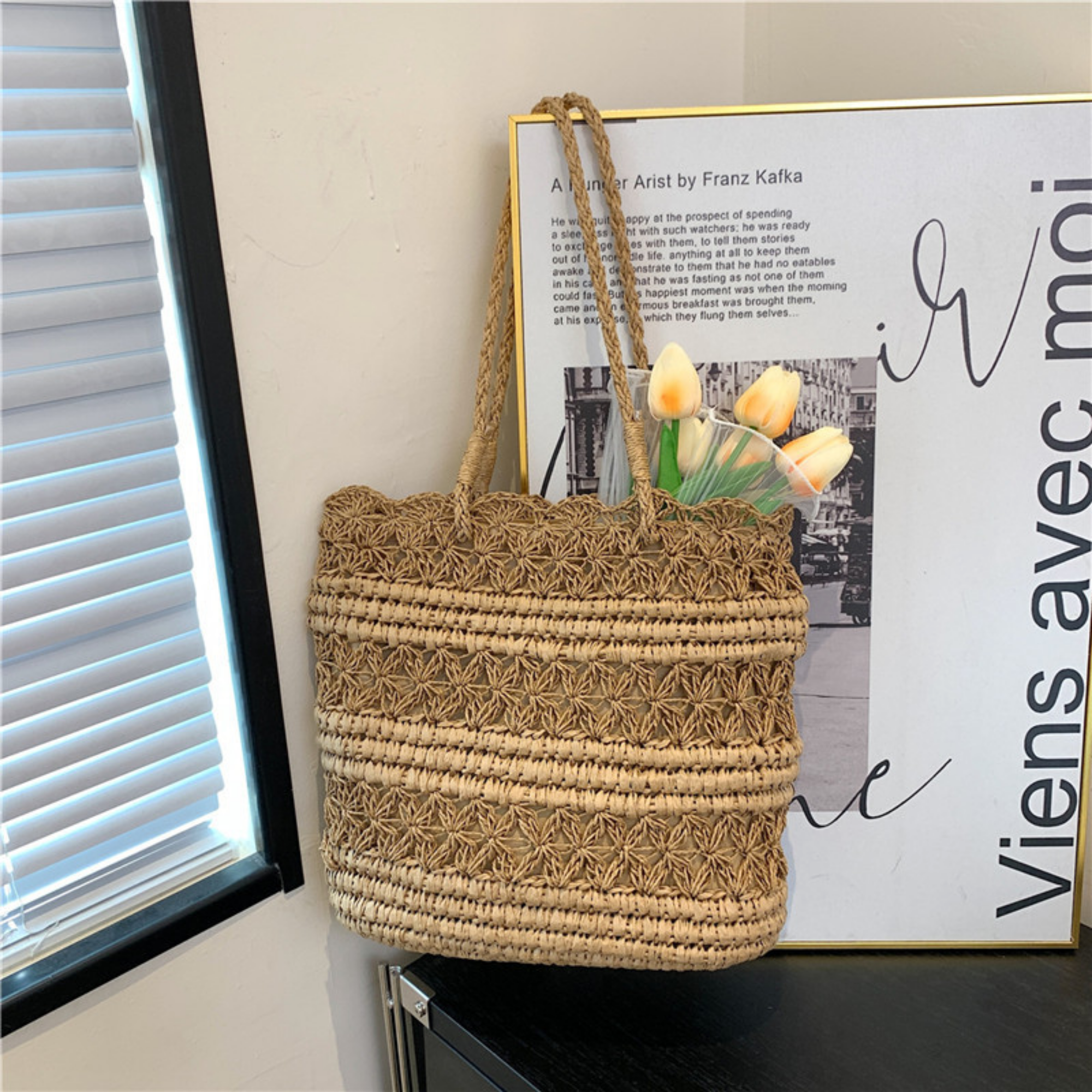 French Vintage Hollow Woven Shoulder Bag – Boho Paper Tote, White & Khaki, Summer Purse