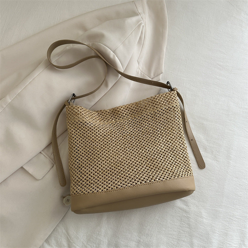 Large Woven Straw Beach Bag – Summer Vacation Tote, White, Black, Khaki, Brown