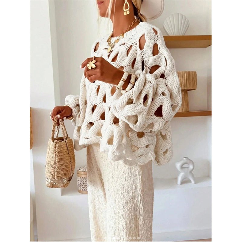 Women’s Boho Crochet Knit Sweater – Long Sleeve Pullover - Lunweave