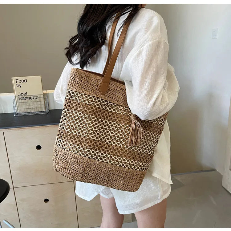 Striped Summer Straw Beach Bag – Large Capacity Tote with Tassel, Brown & Milky White