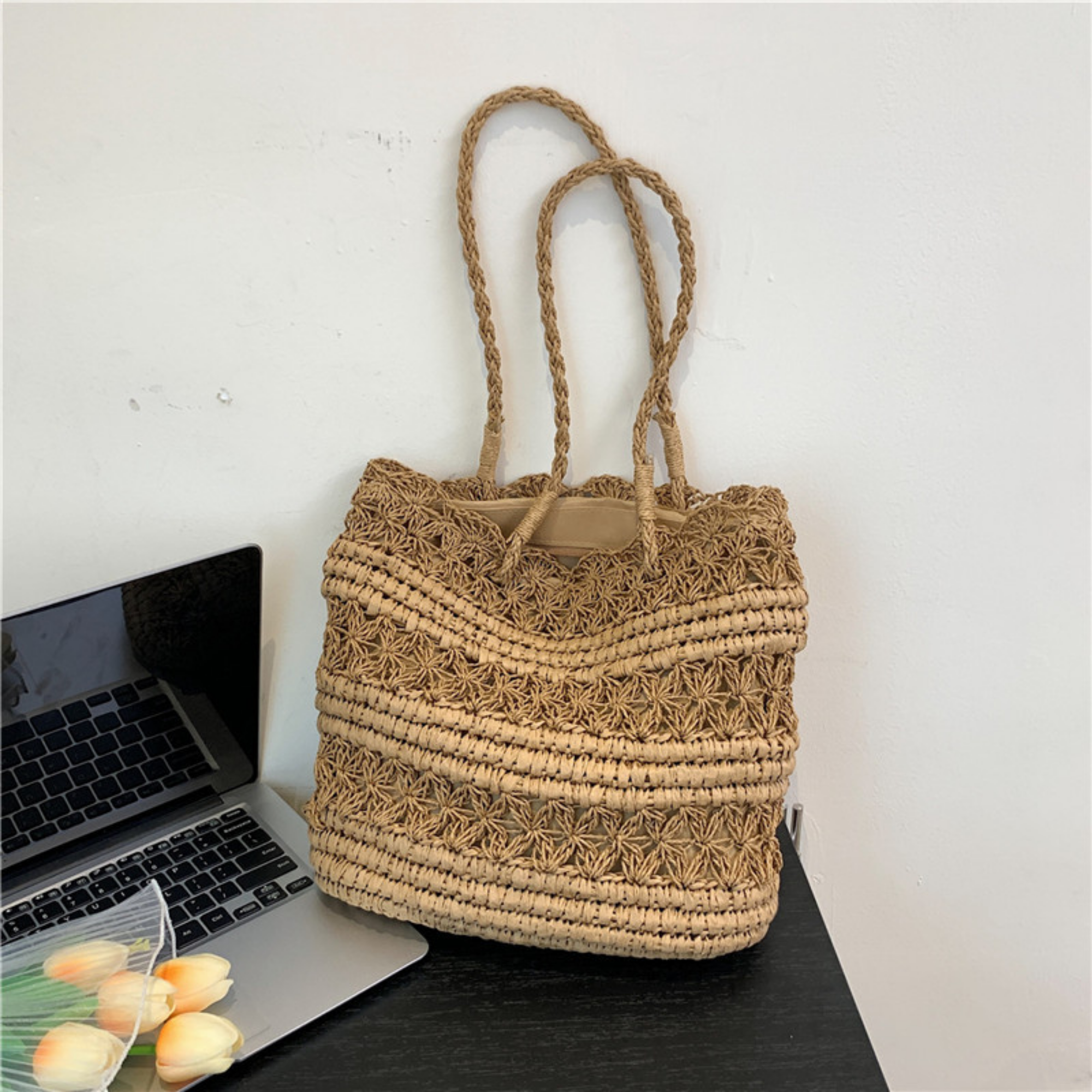 French Vintage Hollow Woven Shoulder Bag – Boho Paper Tote, White & Khaki, Summer Purse