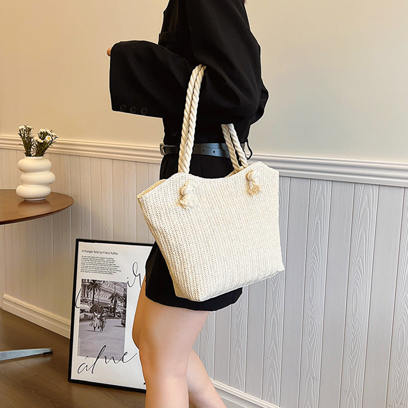 Women’s Straw Shoulder Handbag – Large Capacity Clamshell Tote, White & Khaki, Street Style