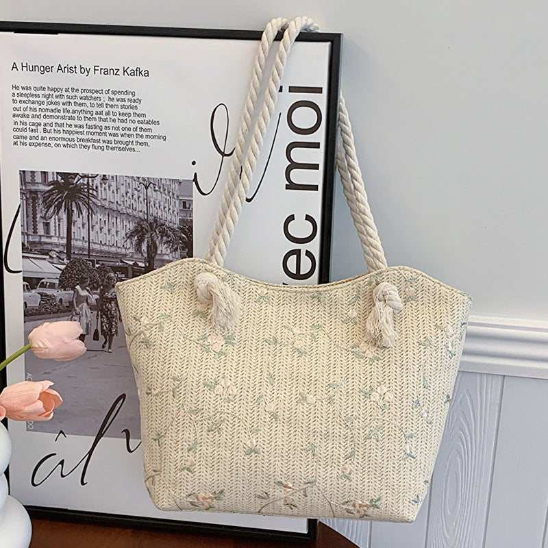 Lace Straw Shoulder Bag – Large Capacity Flap Handbag, White & Khaki, Floral Street Style