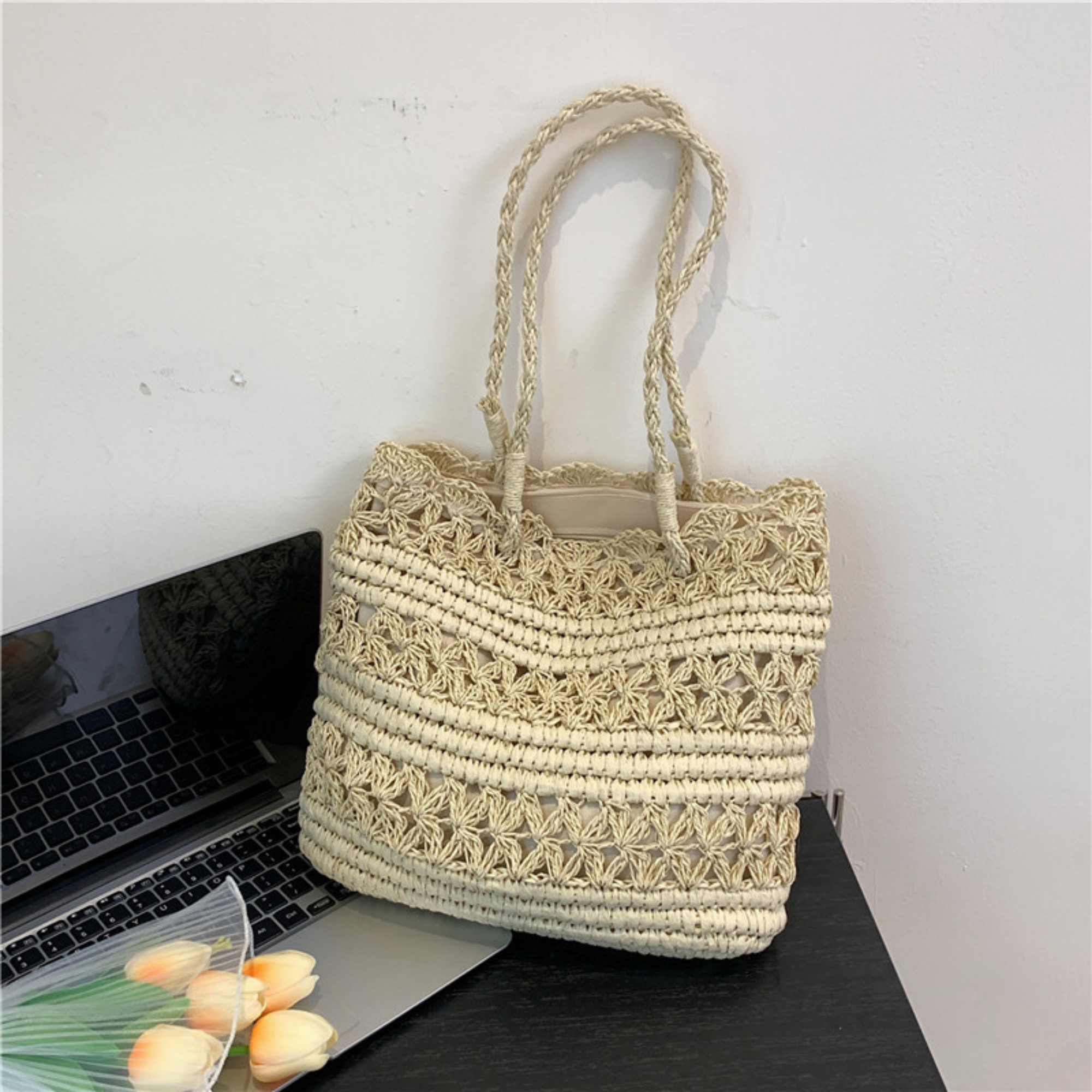 French Vintage Hollow Woven Shoulder Bag – Boho Paper Tote, White & Khaki, Summer Purse
