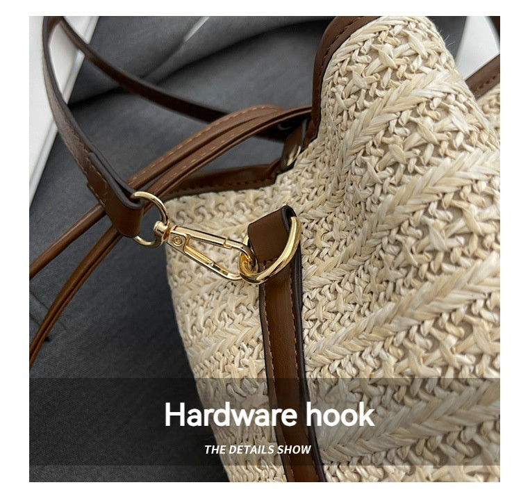 Korean Summer Straw Bucket Bag – Woven Crossbody with Pull-Belt, Milky White & Khaki