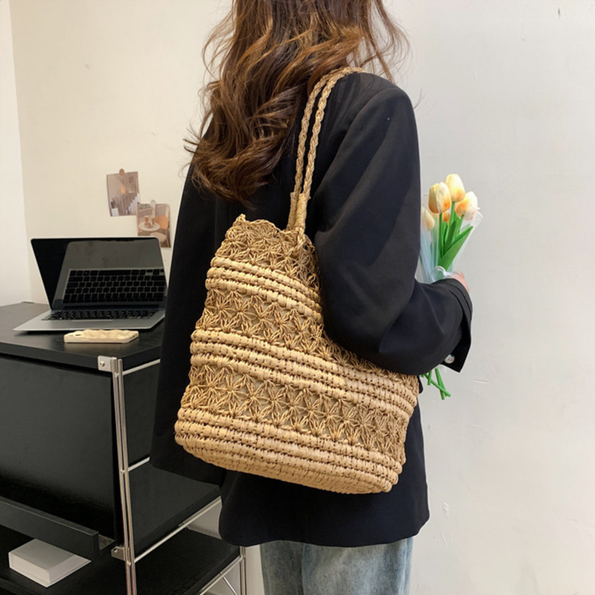 French Vintage Hollow Woven Shoulder Bag – Boho Paper Tote, White & Khaki, Summer Purse