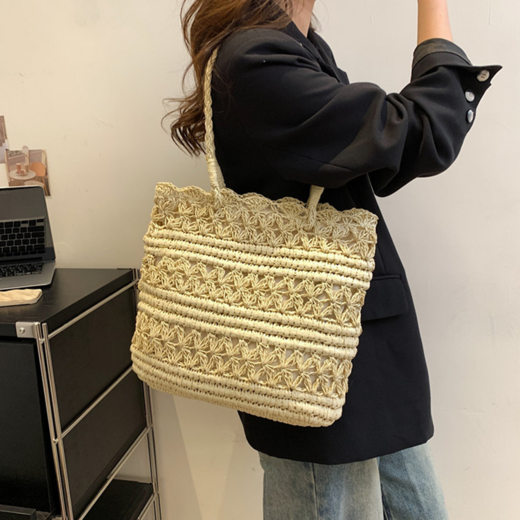 French Vintage Hollow Woven Shoulder Bag – Boho Paper Tote, White & Khaki, Summer Purse