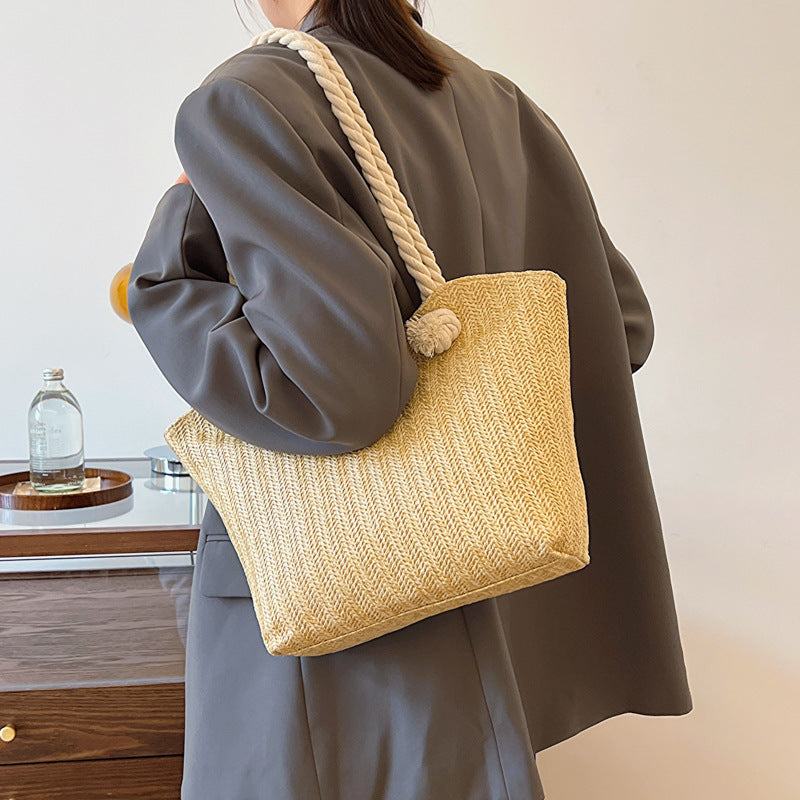 Women’s Straw Shoulder Handbag – Large Capacity Clamshell Tote, White & Khaki, Street Style