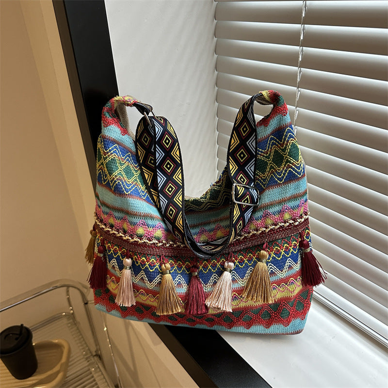 LunWeave Retro Ethnic Shoulder Tote – Colorful Boho Crossbody Bag, Red / Blue / Orange