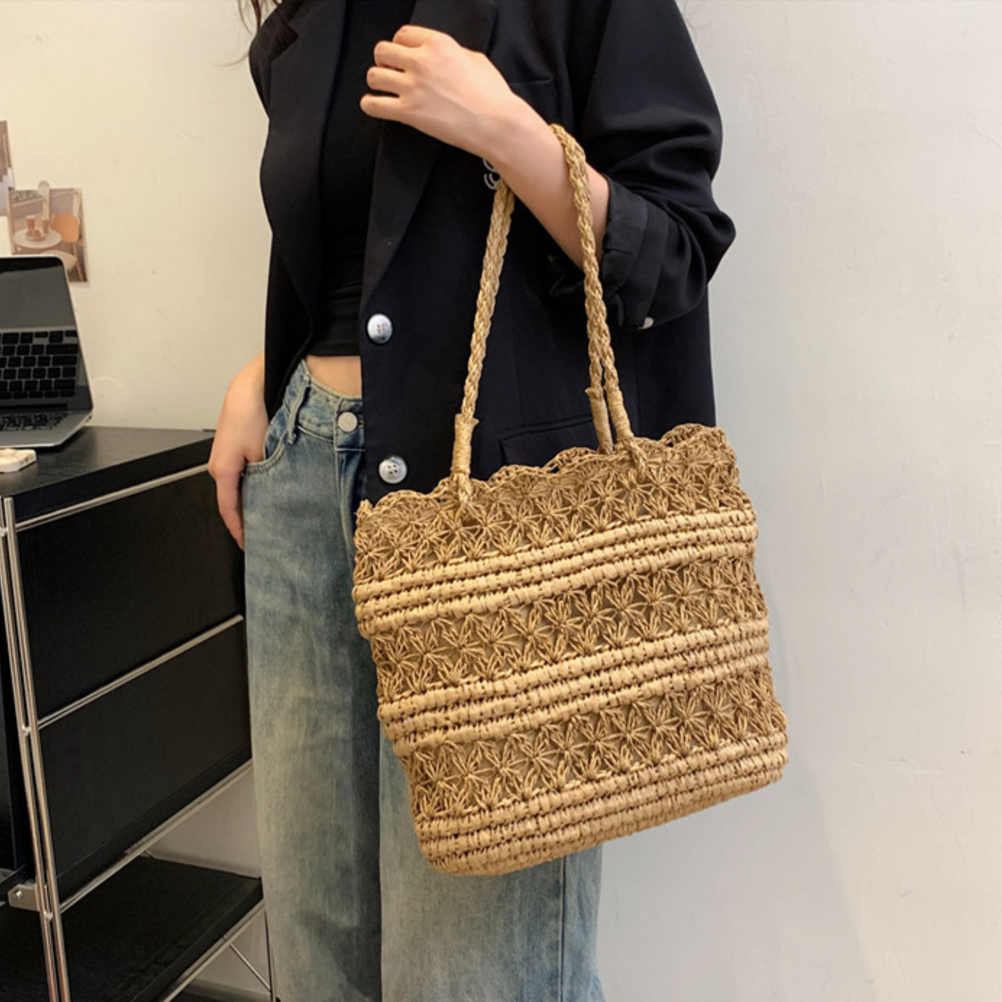 French Vintage Hollow Woven Shoulder Bag – Boho Paper Tote, White & Khaki, Summer Purse