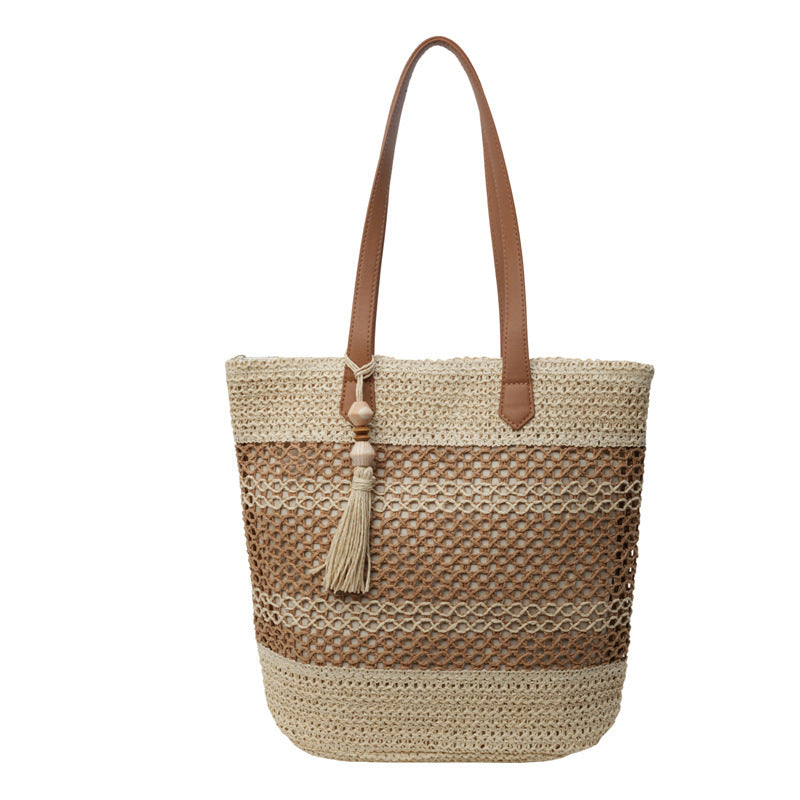 Striped Summer Straw Beach Bag – Large Capacity Tote with Tassel, Brown & Milky White
