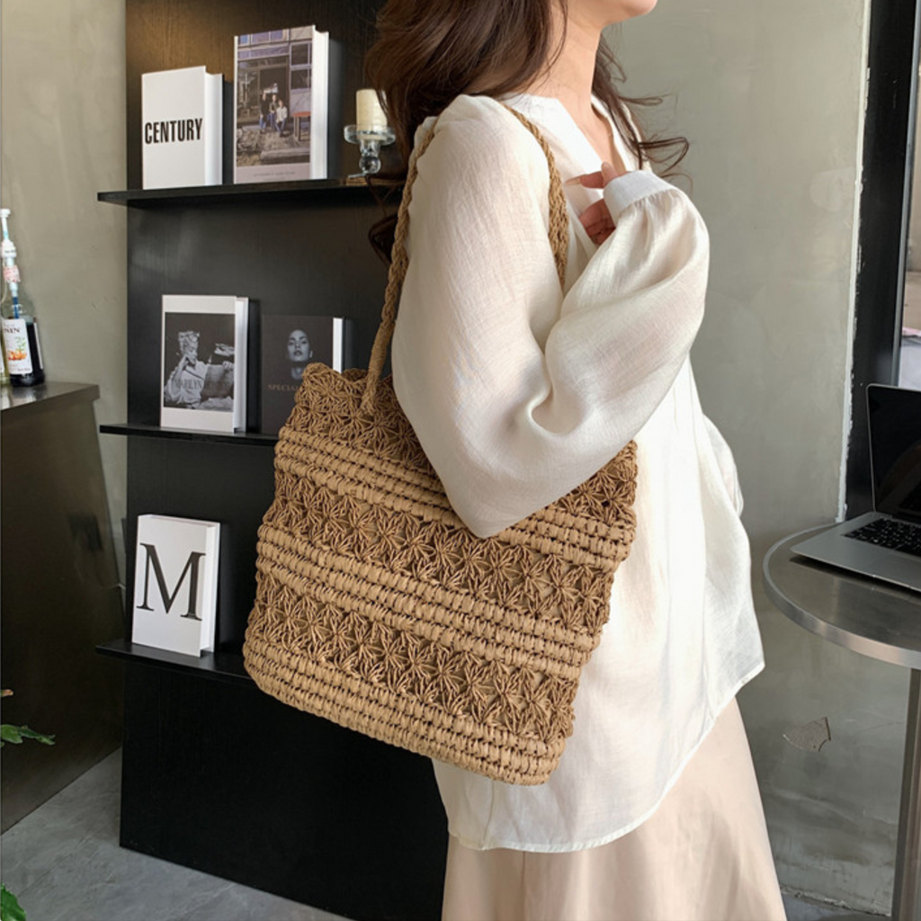 French Vintage Hollow Woven Shoulder Bag – Boho Paper Tote, White & Khaki, Summer Purse