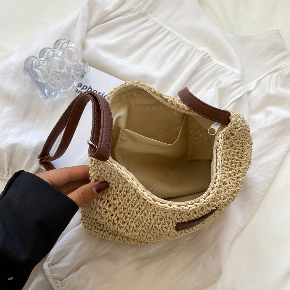 Stylish Vacation Straw Tote Bag – Woven Beach Purse, Zipper Closure, Summer Handbag