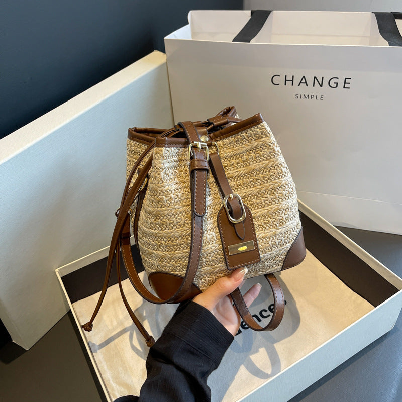 Korean Summer Straw Bucket Bag – Woven Crossbody with Pull-Belt, Milky White & Khaki