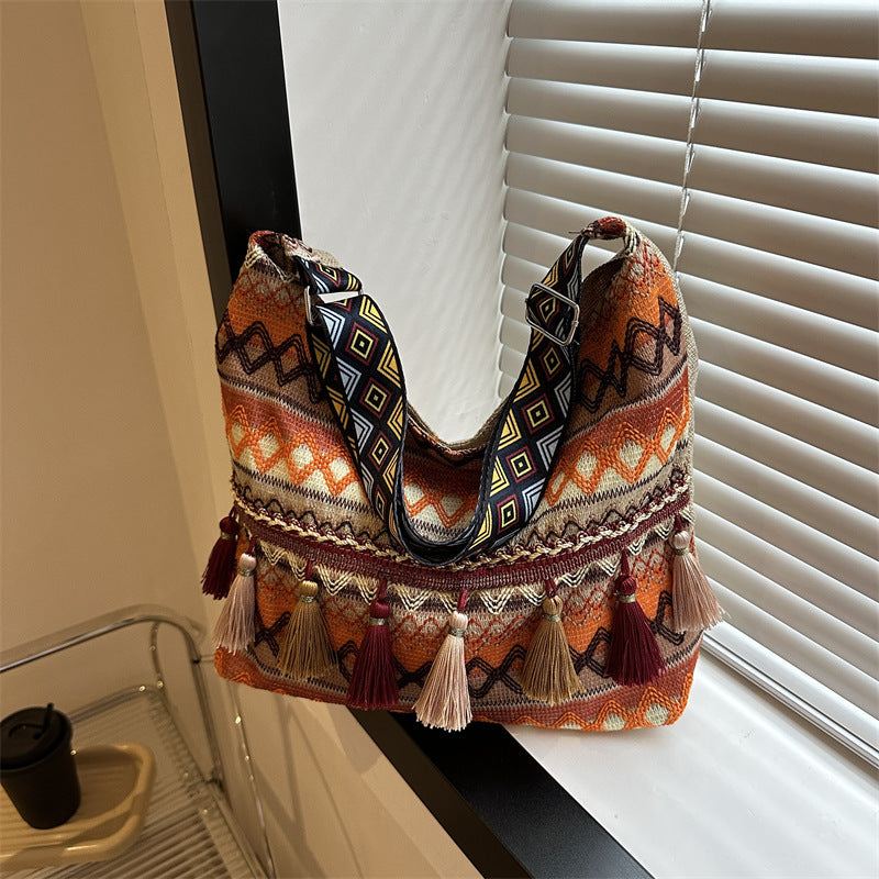 LunWeave Retro Ethnic Shoulder Tote – Colorful Boho Crossbody Bag, Red / Blue / Orange