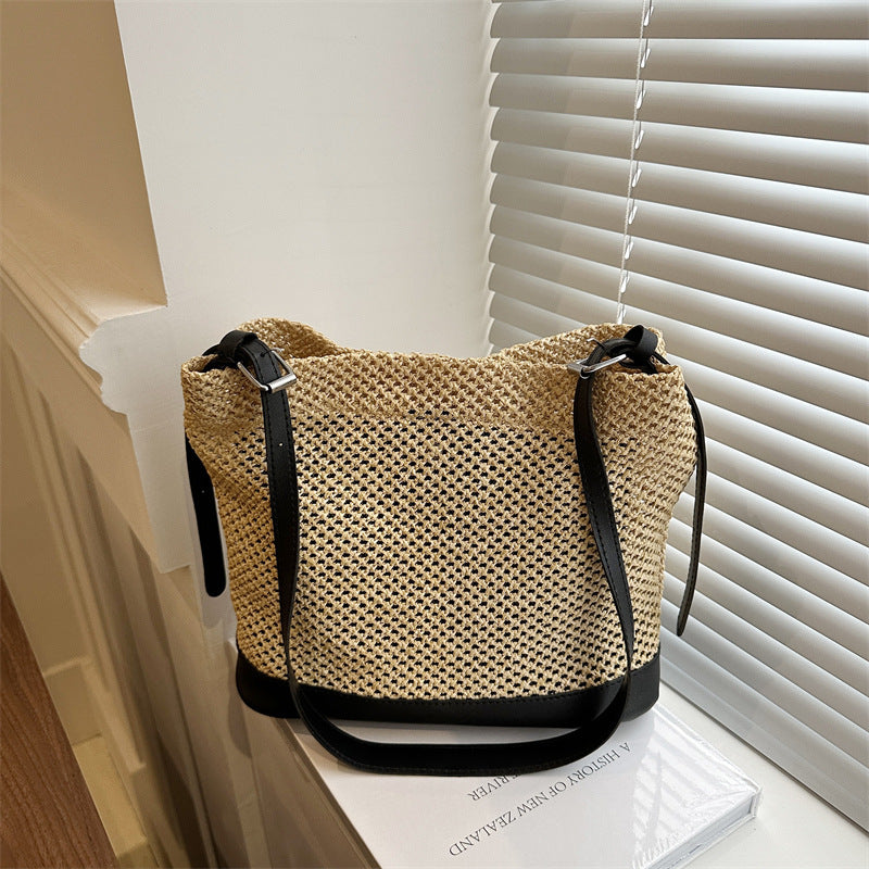 Large Woven Straw Beach Bag – Summer Vacation Tote, White, Black, Khaki, Brown