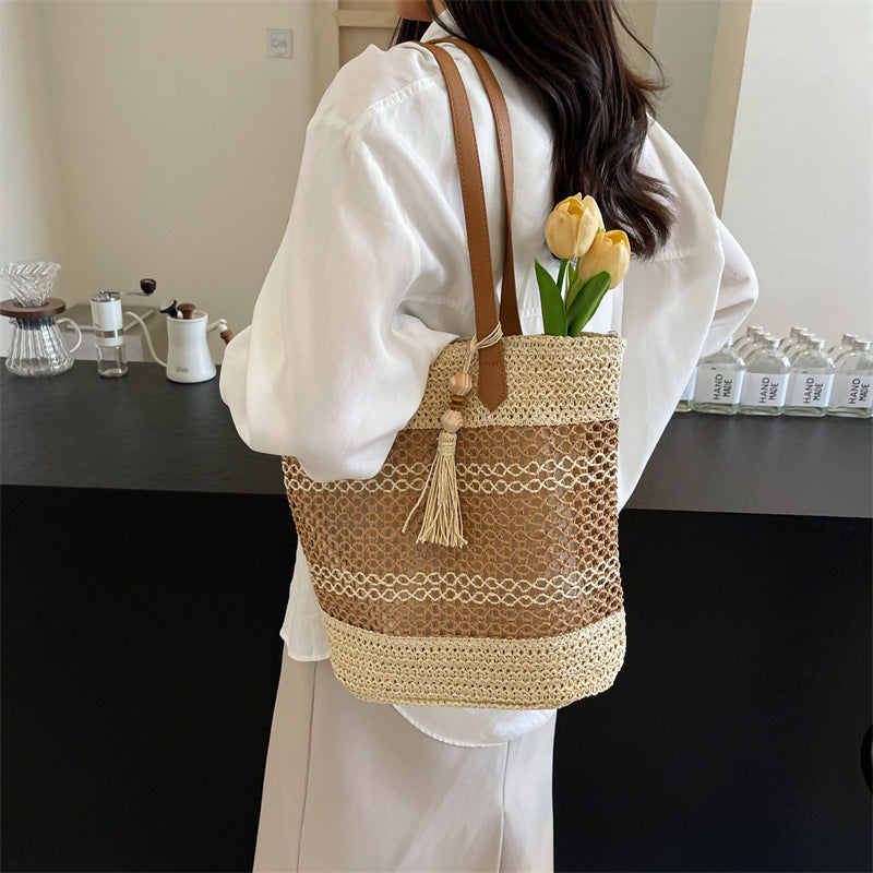 Striped Summer Straw Beach Bag – Large Capacity Tote with Tassel, Brown & Milky White